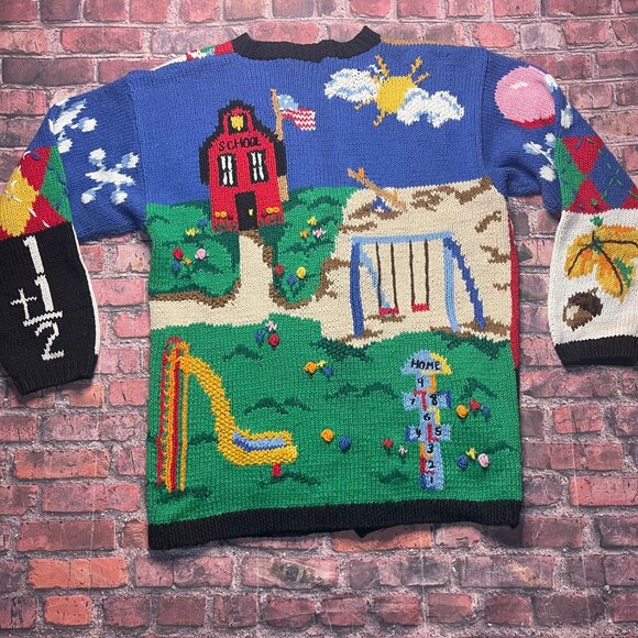 Vtg The Eagle's Eye Cardigan Sweater Hand Knit Teacher School Abcs 123s Sz XL - Picture 7 of 10